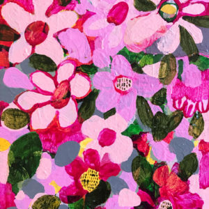 Abundance #2, pink and green abstract flower painting by Tracy Algar