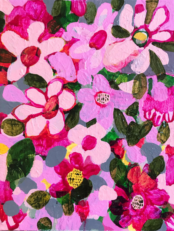 Abundance #2, pink and green abstract flower painting by Tracy Algar