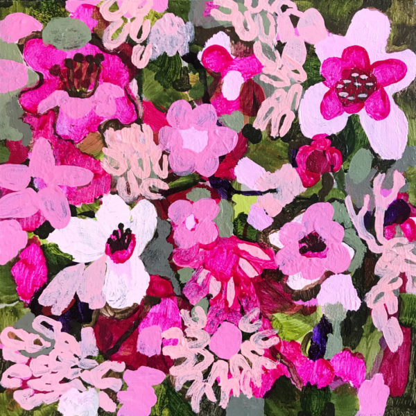 Abundance #4, pink and grey abstract flower painting by Tracy Algar