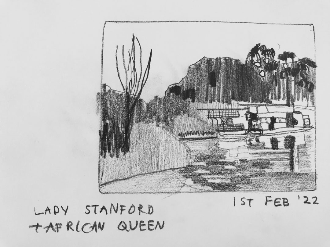Tracy Algar sketchbook value sketch of Klein Rivier with riverboats, Stanford.