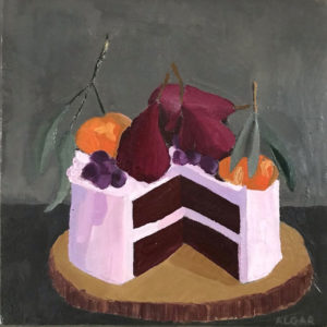 Mulled Wine Chocolate Cake with Poached Pears oil on canvas Tracy Algar