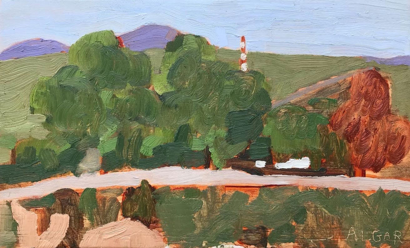 © Tracy Algar, View from Misty Mountain Farm Stall. Oil on cradled board, 30x25cm.