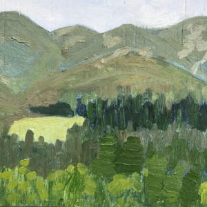 © Tracy Algar, View from the stage at Stanford Hills. Oil on cradled plywood, 54.5x37cm.