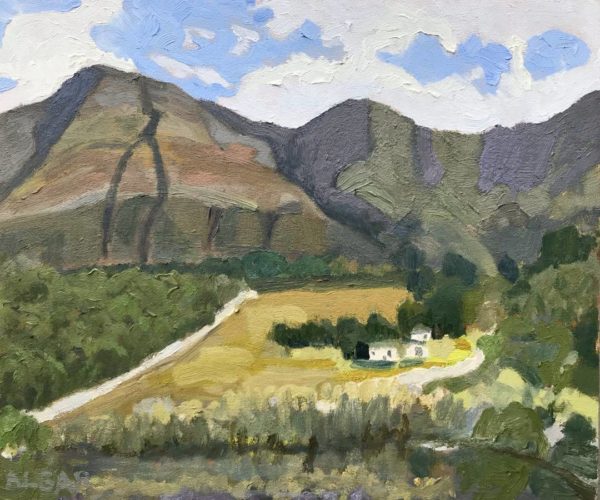 © Tracy Algar, View from Misty Mountain Farm Stall. Oil on cradled board, 30x25cm.