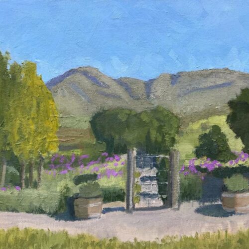 View over the Kitchen Garden at Zesty Lemon. Oil on stretched canvas, 40x30cm.