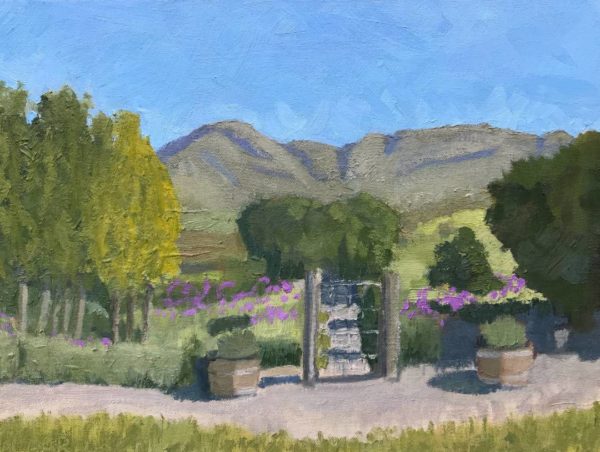 © Tracy Algar, View over the Kitchen Garden at Zesty Lemon. Oil on stretched canvas, 40x30cm.