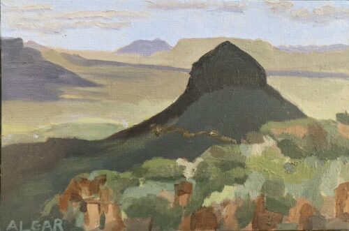 Oil painting of Spandau Kop in shadow, Camdeboo National Park, South Africa, by Tracy Algar