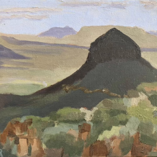 Oil painting of Spandau Kop in shadow, Camdeboo National Park, South Africa, by Tracy Algar