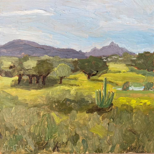 Oil painting by Tracy Algar: 'Tandjiesberg from the Graaff-Reinet Golf Club', a Karoo landscape with green veld and distant mountains, 24x24cm.