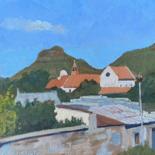Karoo town landscape painting. Spandau Kop over Graaff-Reinet. Original painting by Tracy Algar.
