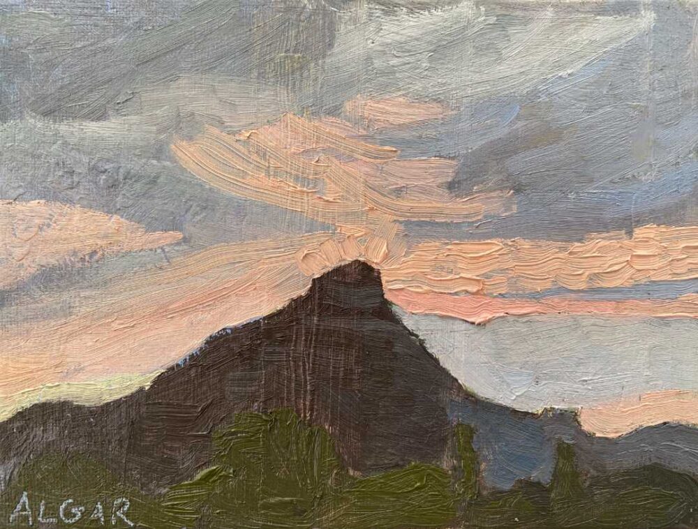 Original oil painting of Spandau Kop at sunset by Tracy Algar, 20x15cm