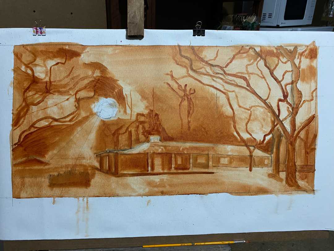 Underpainting stage of a commissioned oil painting of Chedgelow Farm, Zimbabwe, on the easel