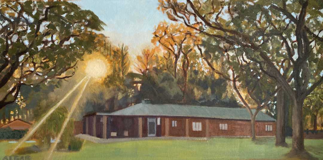 Chedgelow Farm Commission Commissioned oil painting of a farmhouse at sunset, Chedgelow Farm